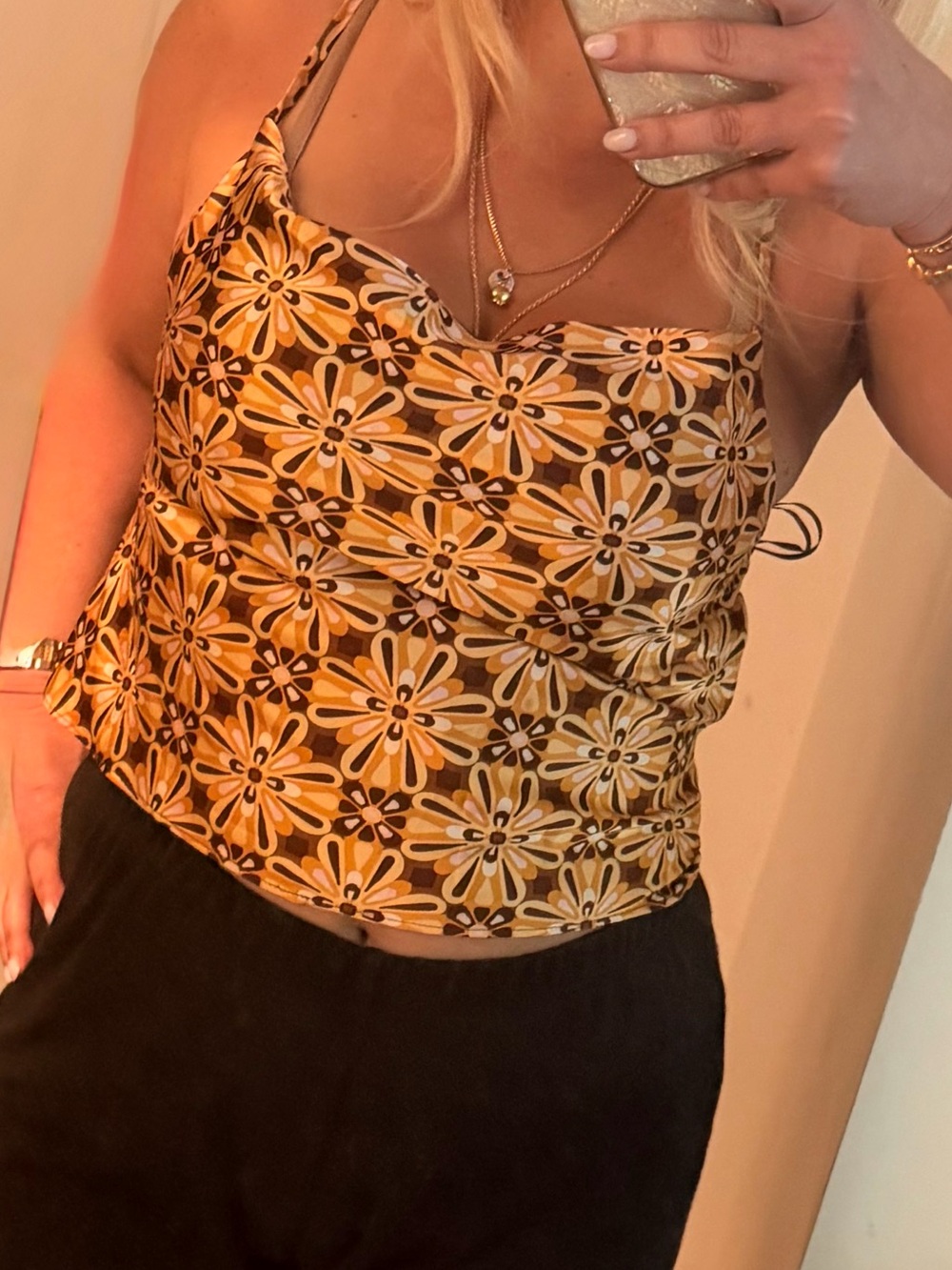 Vintage Floral Cowl Neck Camisole in Yellow and Brown